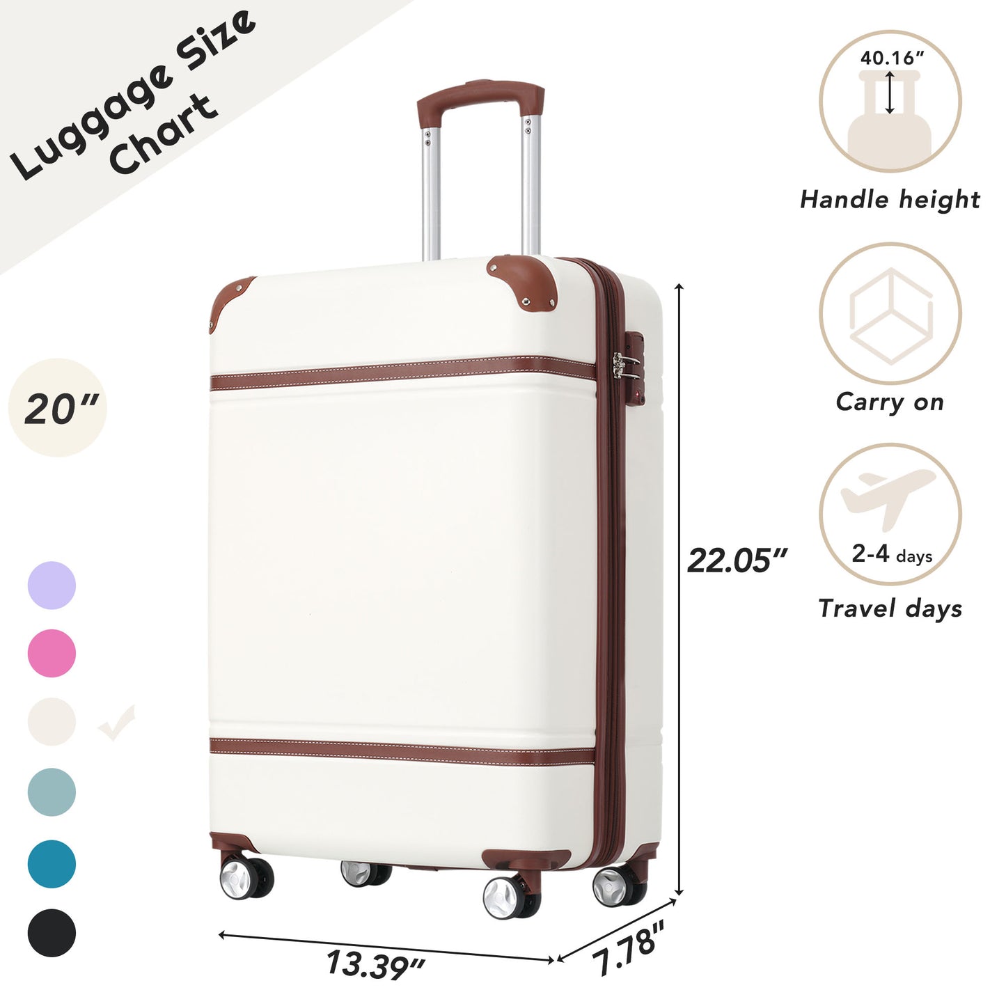 20 IN Luggage 1 Piece with TSA lock , Lightweight Suitcase Spinner Wheels,Carry on Vintage Luggage,White